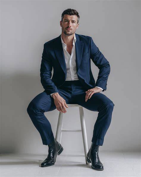 Hombre con traje azul y botas Chelsea marrones