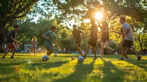 Niños jugando fútbol en un parque