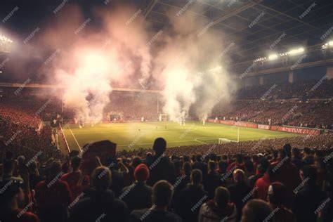 Estadio con bengalas y humo durante partido