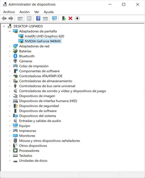 Administrador de dispositivos adaptador de pantalla