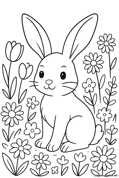 Conejo entre flores para colorear