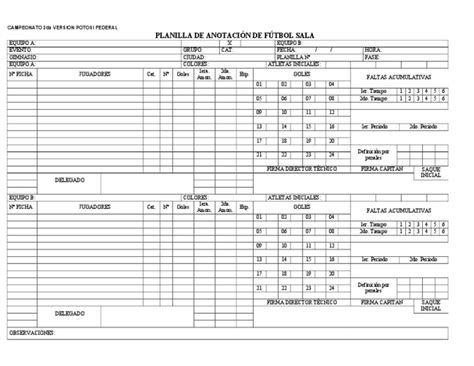 Planilla de futsal y mesa de control