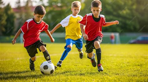 Niños jugando fútbol con chalecos deportivos
