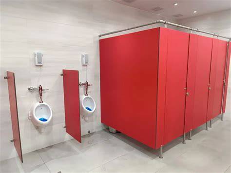 Baño público con cabinas de colores