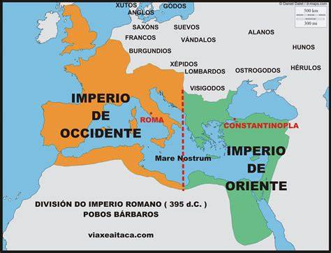 Mapa división Imperio romano Oriente Occidente