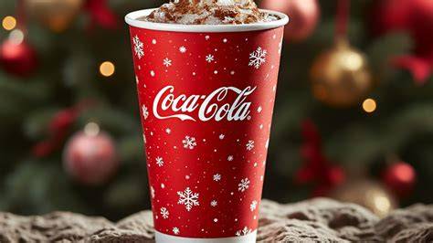 Vasos navideños Coca-Cola en mesa festiva