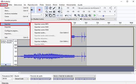 Exportar selección de audio en Audacity