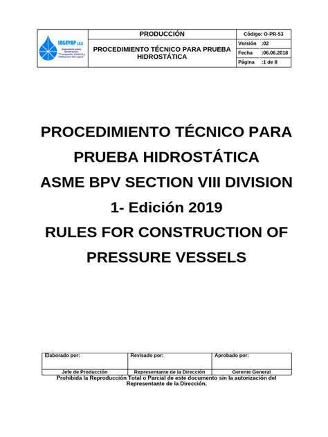 Prueba hidrostática de recipiente ASME