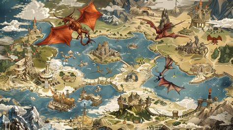 mapa fantástico con castillos y héroes