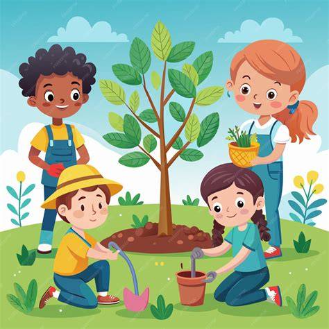 Niños plantando árboles en huerto escolar