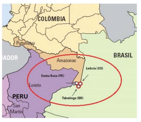 Mapa de la triple frontera Perú Colombia Brasil