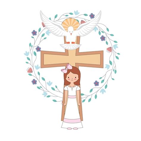 Niña animada con vestido blanco y cruz