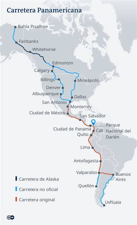 Mapa de la carretera Panamericana entre Alaska y Argentina