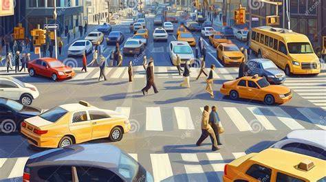 Intersección urbana con vehículos peatones