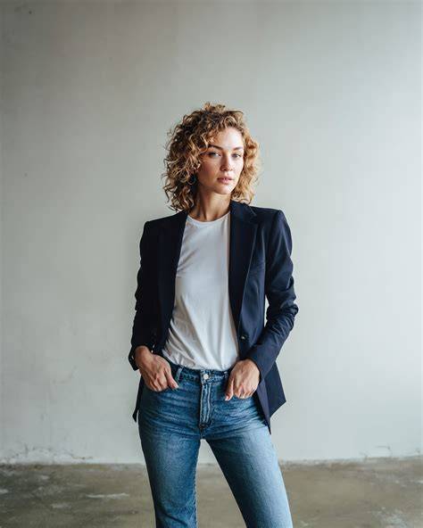 camiseta roja con vaqueros y blazer