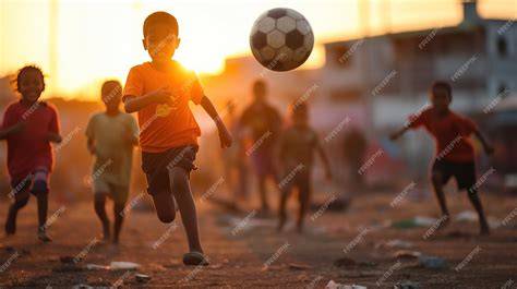 Niños jugando fútbol en un barrio brasileño