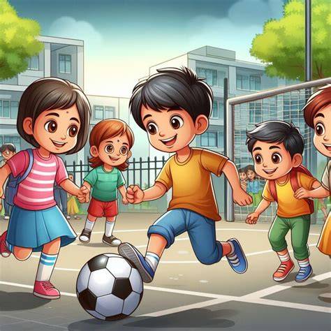 Niños jugando al fútbol en patio escolar